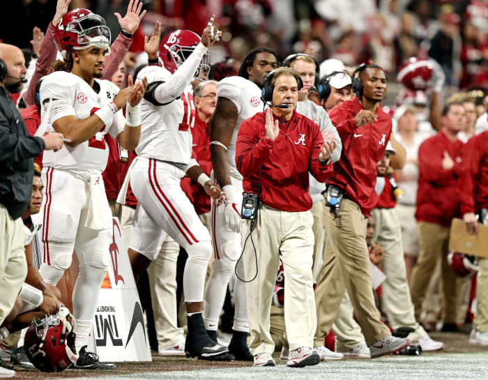 Jan 8, 2018; Atlanta, GA, USA; Alabama Crimson Tide head coach Nick Saban reacts during the third quarter against the Georgia Bulldogs in the 2018 CFP national championship college football game at Mercedes-Benz Stadium. Mandatory Credit: Jason Getz-USA TODAY Sports